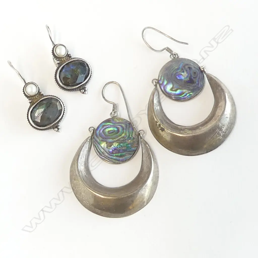 SILVER & LABRODITE EARRINGS + PR SILVER PAUA LGE HOOP EARRINGS Image 1++