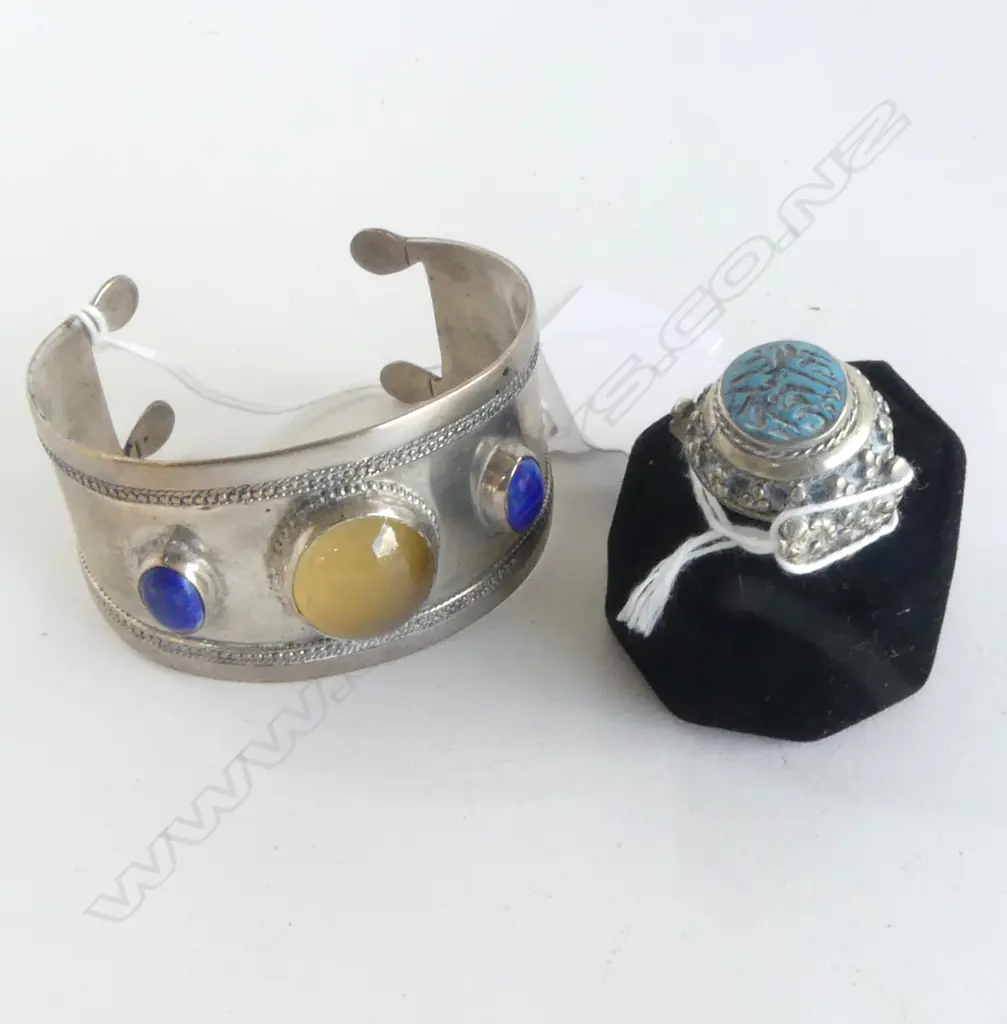 AFGHAN TURQUOISE RING & SILVER/AMBER/LAPIS CUFF Image 1++