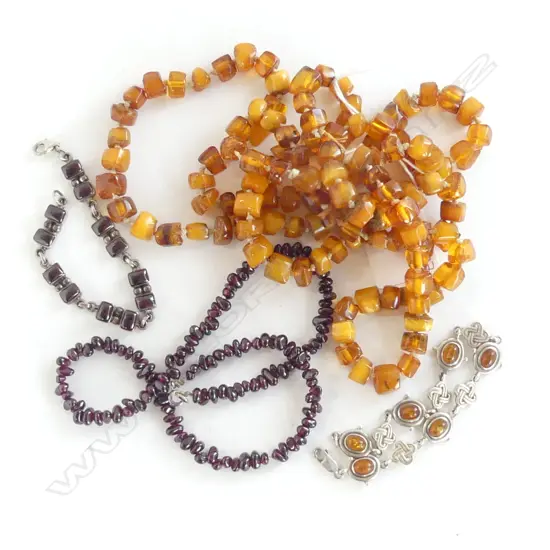 2 NECKLACES; AMBER & GARNET + 2 STG GEMSTONE BRACELETS