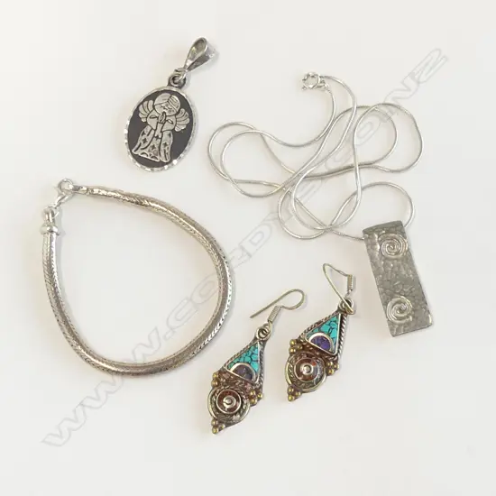 SILVER BANGLE + PENDANT NECKLACE + PENDANT + TRIBAL EARRINGS