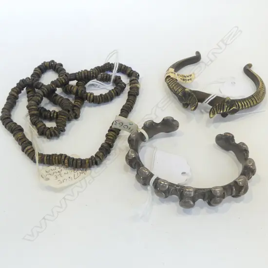 3 PC ANTIQUE BURMESE BRONZE , 2 BANGLES & NECKLACE 