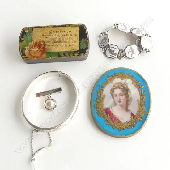 STG BANGLE, BROOCH, SIAM BRACELET, FORGET ME NOT, CERAMIC PORTRAIT MINIATURE 70x55mm