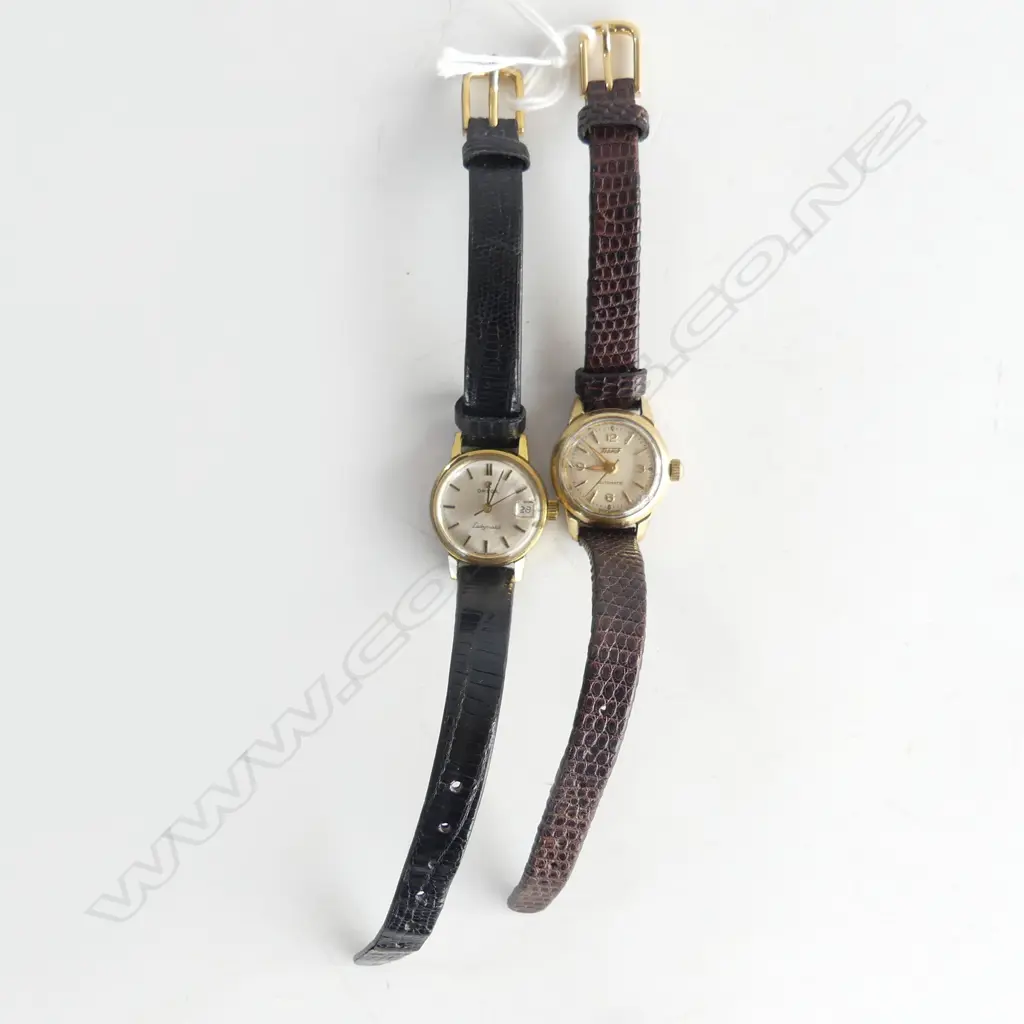 VINTAGE LADIES OMEGA 'Ladymatic' 'Seamaster' GOLD PLATE WRISTWATCH + similar TISSOT WRISTWATCH leather straps running. Image 1++