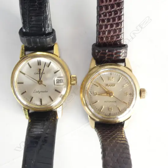 VINTAGE LADIES OMEGA 'Ladymatic' 'Seamaster' GOLD PLATE WRISTWATCH + similar TISSOT WRISTWATCH leather straps running.