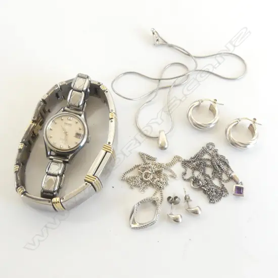 ASST. STG JEWELLERY; 3 PENDANT NECKLACES, 2 PRS EARRINGS + 2 WATCHES