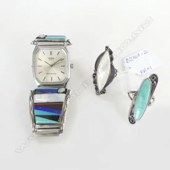 NATIVE AMERICAN WATCH SILVER, TURQUOISE, LAPIS & MOP DECORATED & 2 NATIVE AMERICAN SILVER RINGS TURQUOISE & MOP