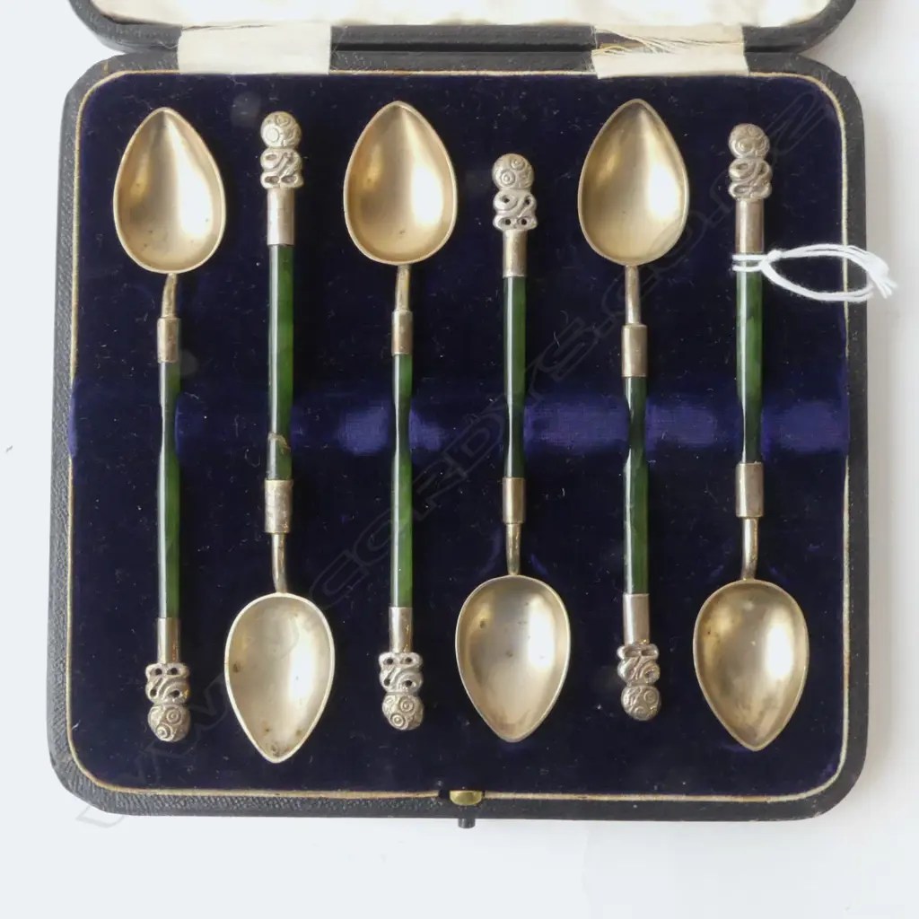 CASED SET 6 NZ SILVER & GREENSTONE TIKI COFFEE SPOONS 1 REPAIRED  Image 1++