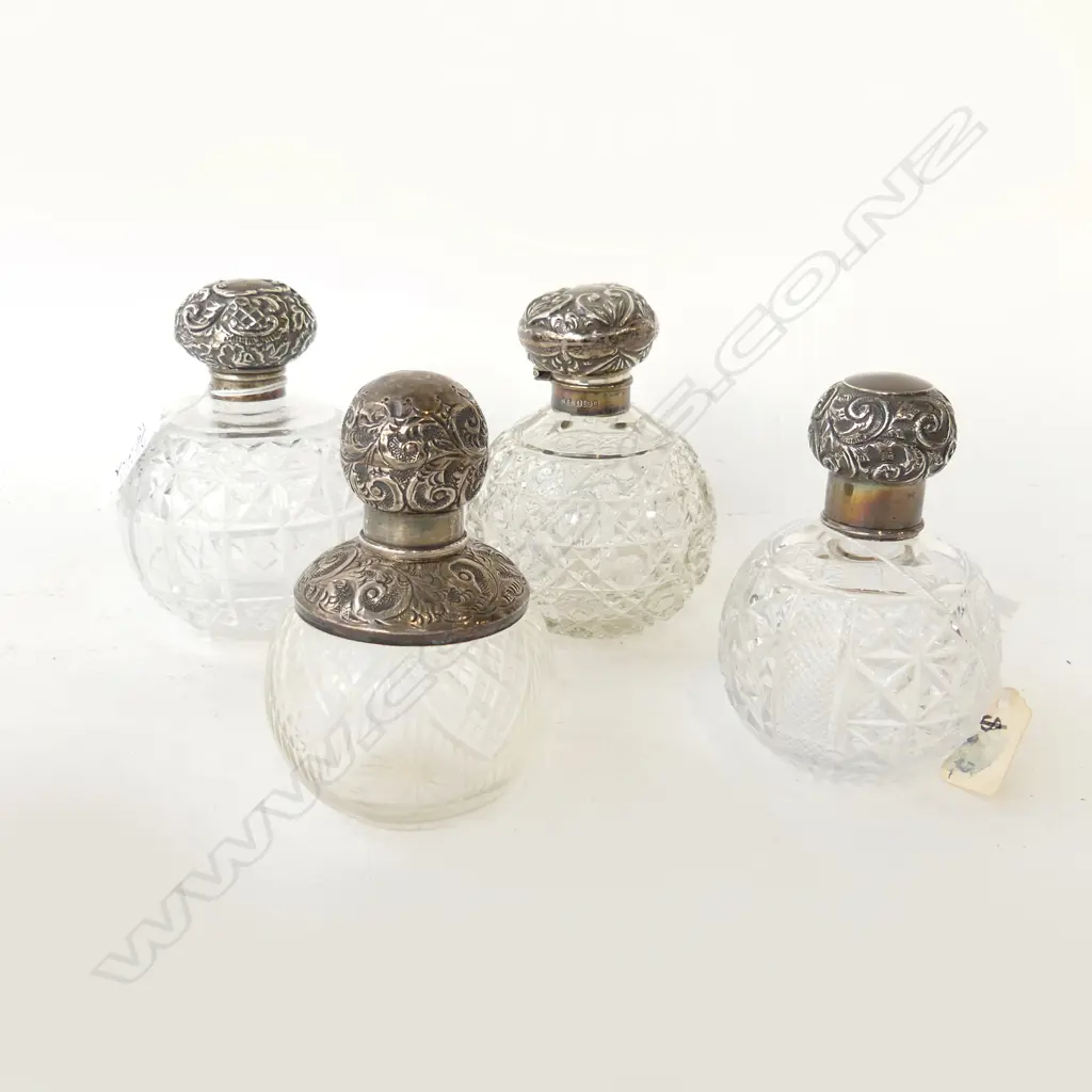 4 ANTIQUE CRYSTAL & STG PERFUME BOTTLES H.115mm Image 1++