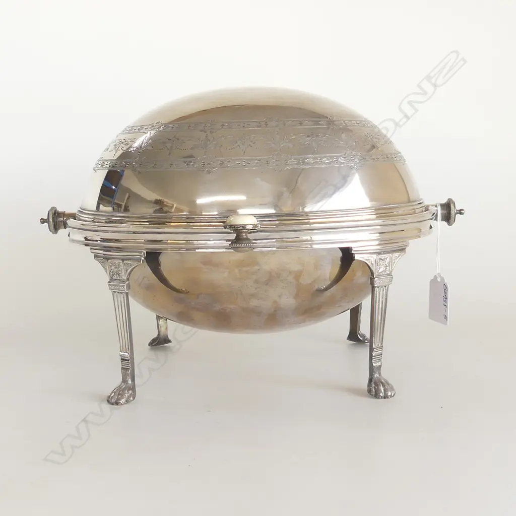 SILVER PLATE ROLL OVER BACON WARMER w PORCELAIN HANDLE & INTERIOR LINERS c1890, LB & SA, L.300mm Image 1++