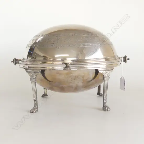 SILVER PLATE ROLL OVER BACON WARMER w PORCELAIN HANDLE & INTERIOR LINERS c1890, LB & SA, L.300mm