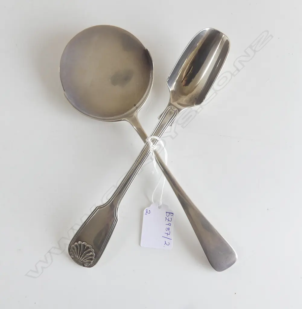 2 STG SILVER SPOONS; CHEESE SCOOP LONDON 1846, SERVER EDINBURGH 1910 163gms Image 1++