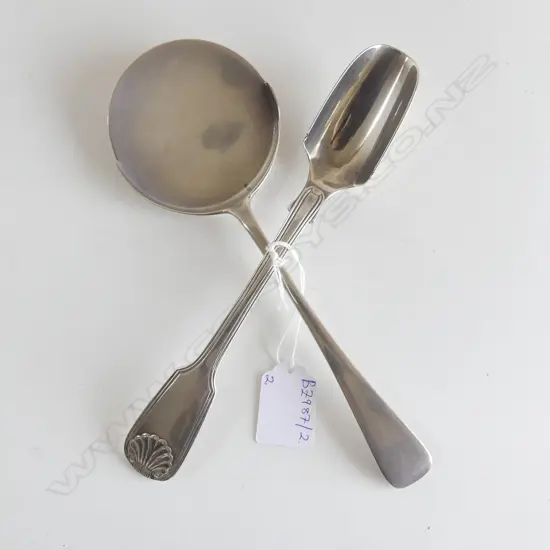 2 STG SILVER SPOONS; CHEESE SCOOP LONDON 1846, SERVER EDINBURGH 1910 163gms
