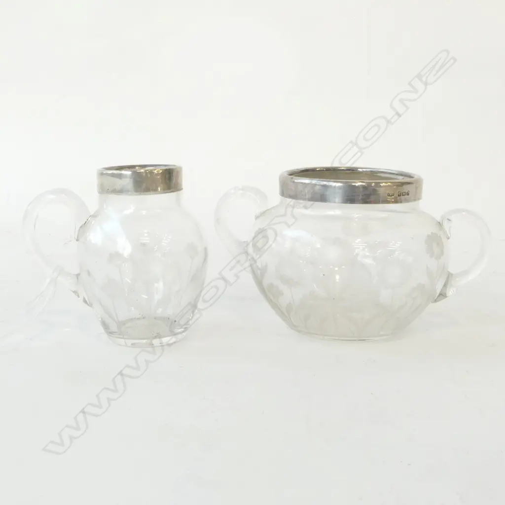 STG SILVER RIMMED BOWL AND JUG W. ETCHED FLORAL DESIGN BIRMINGHAM 1906, D.100MM (BOWL) Image 1++