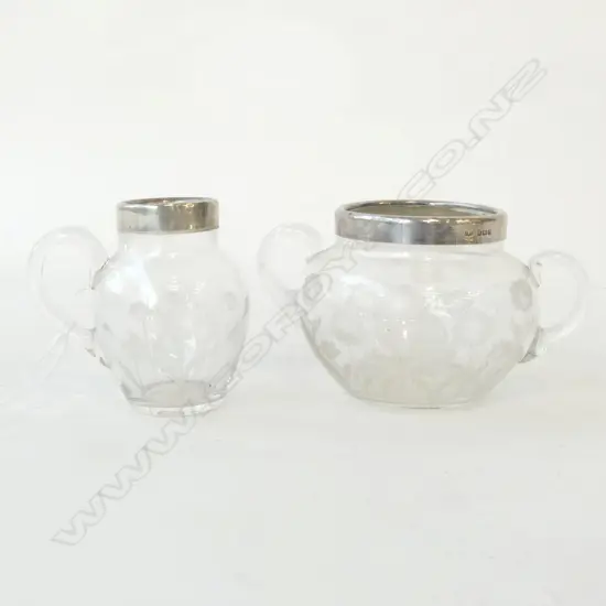 STG SILVER RIMMED BOWL AND JUG W. ETCHED FLORAL DESIGN BIRMINGHAM 1906, D.100MM (BOWL)