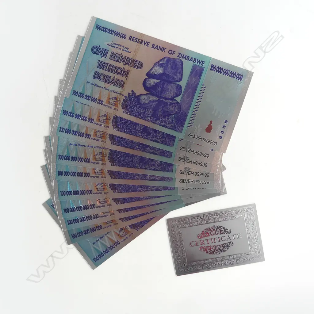 10 BANK OF ZIMBABWE 100 TRILLION DOLLAR NOTES Image 1++