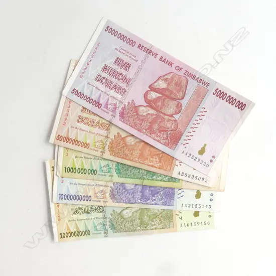 5 ZIMBABWE BANK NOTES; 1,5,10, 20 & 50 BILLION DOLLARS
