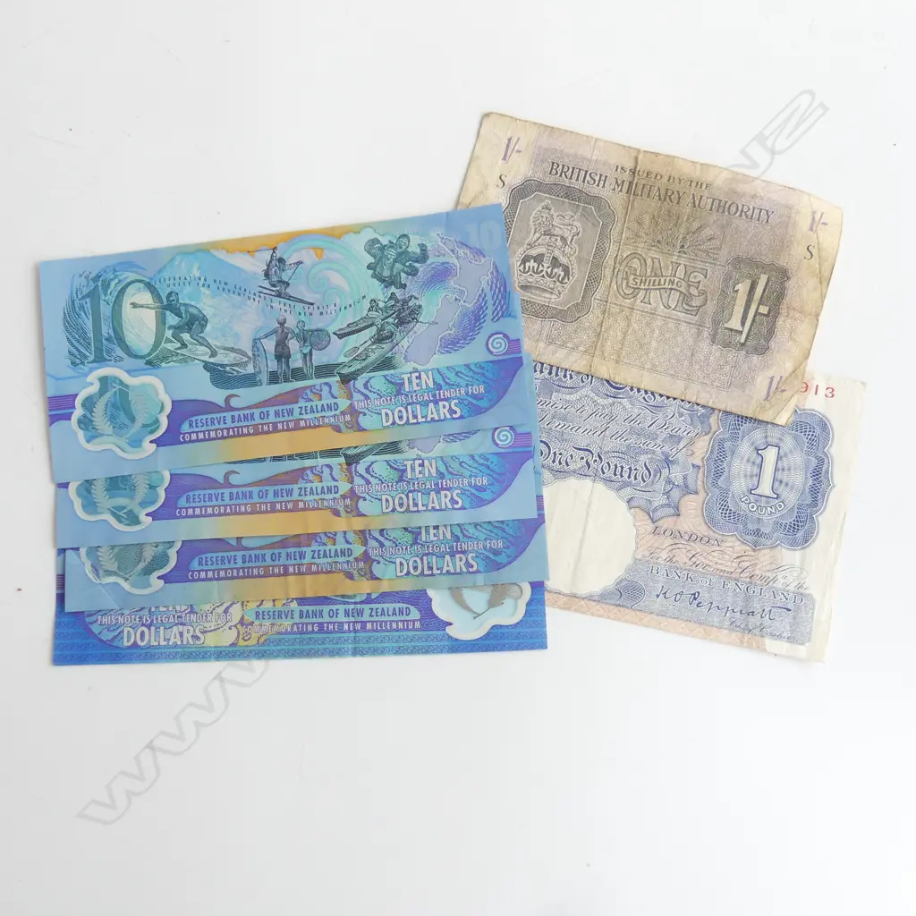VINTAGE ENGLISH 1 POUND NOTE BRITISH AUTHORITY 1 SHILLING NOTE & 4 NZ 10 DOLLAR NOTES Image 1++