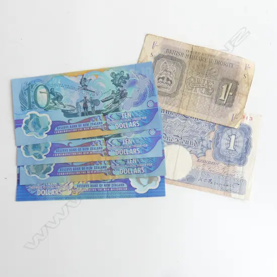 VINTAGE ENGLISH 1 POUND NOTE BRITISH AUTHORITY 1 SHILLING NOTE & 4 NZ 10 DOLLAR NOTES
