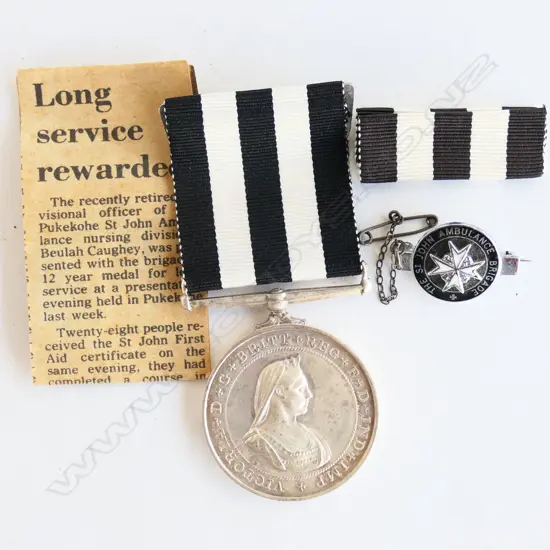 ST. JOHN AMBULANCE LONG SERVICE AWARD 12 year Long Service  TO Beulah Caughey. Medal + badge
