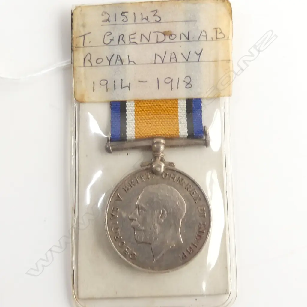 WW1 SERVICE MEDAL T GRENDON A B ROYAL NAVY Image 1++