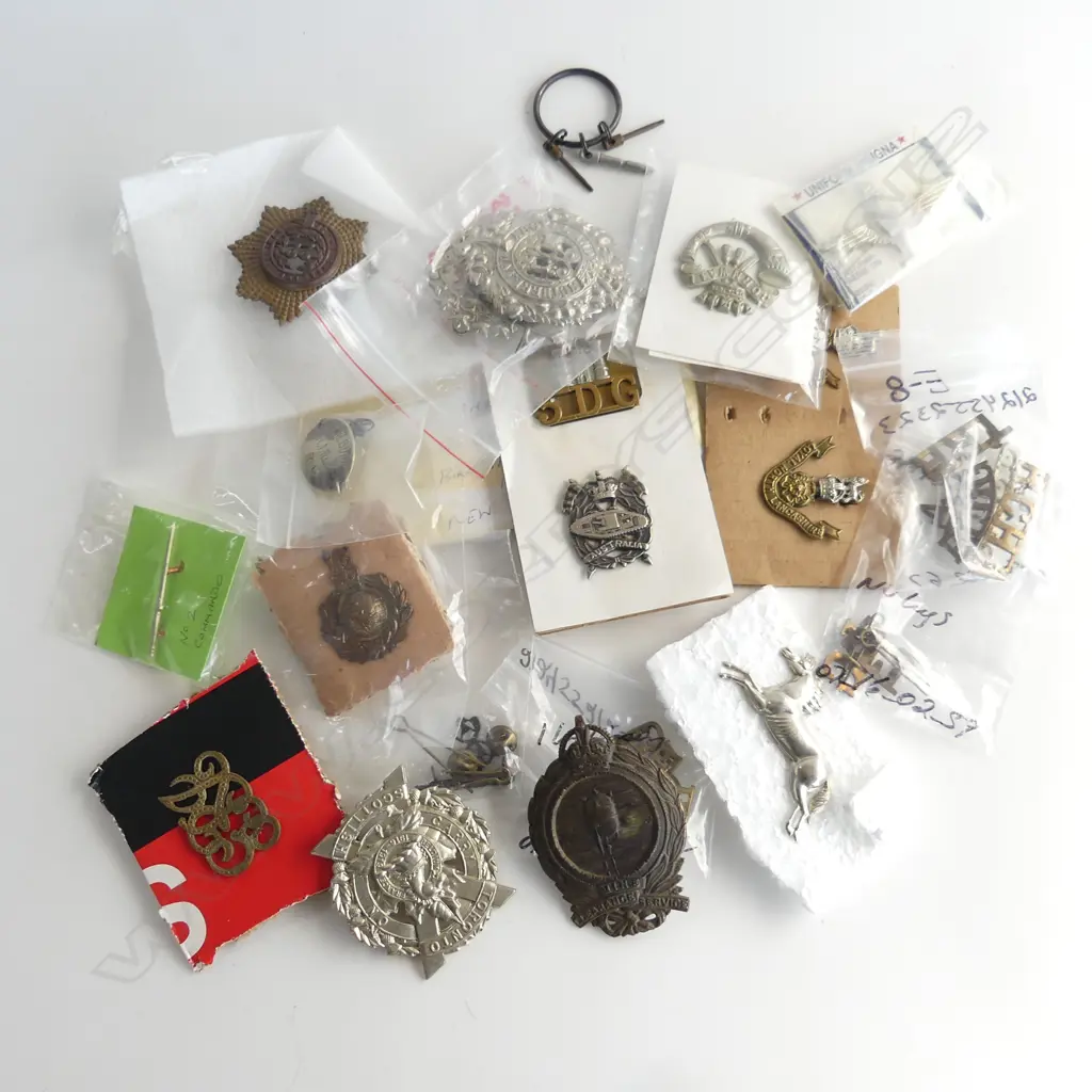 TRAY OF 20 MILITARY HAT & SHOULDER BADGES WITH IDENTITY BRACLET& 2 RMS QUEEN ELIZABETH BRASS PLAQUES L130MM Image 1++