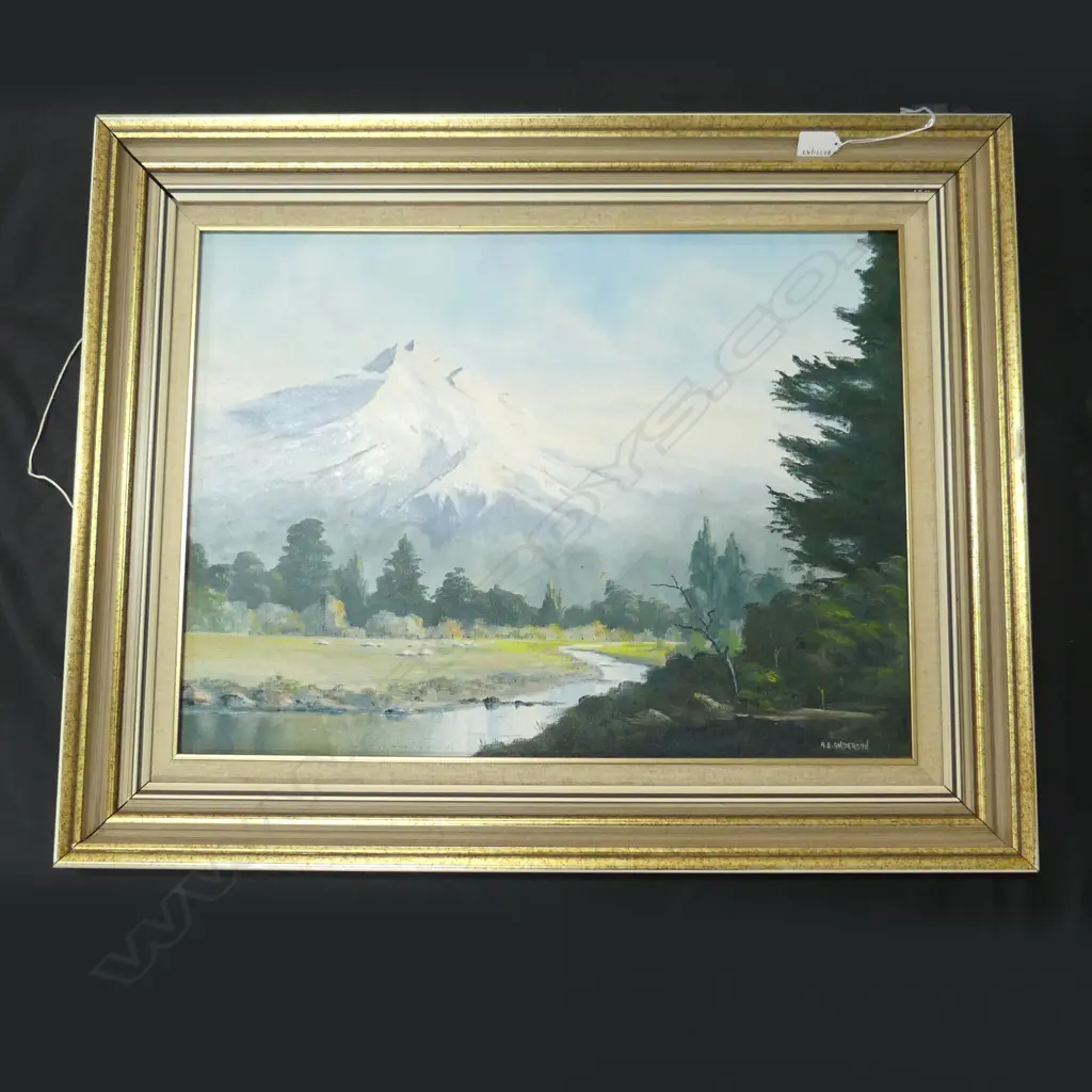 OIL ON BOARD MT TARANAKI SIGNED A E ANDERSON Image 1++