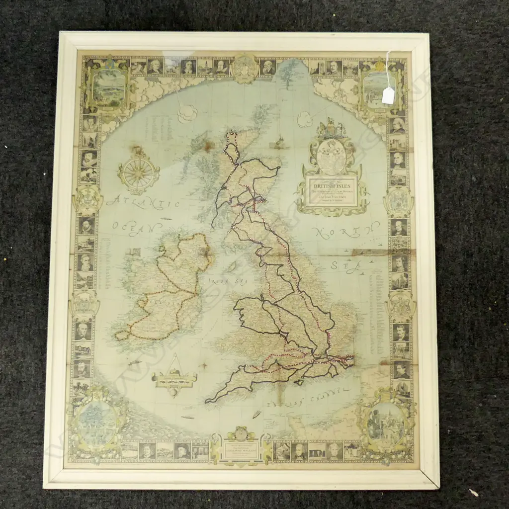 VINTAGE FRAMED MAP OF ROYAL TOUR BRITAIN 1937 H960 W800MM Image 1++