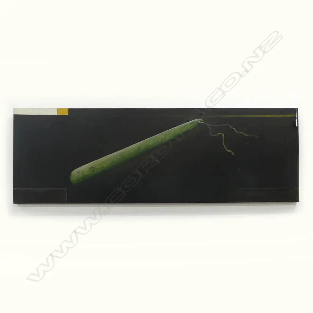 JULIE WOOD, ABSTRACT w. GREENSTONE EARRING (STORY VERSO) OIL ON CANVAS, 2002 1370x455mm Image 1++