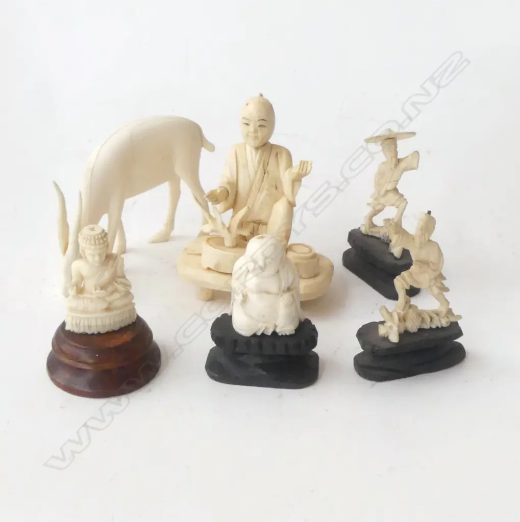 FIVE IVORY & ONE BONE FIGURES – 3 BUDHA, 2 FISHERMAN, & ANTELOPE (some a/f) Image 1++