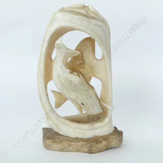 SCRIMSHAWED CARVED SPERM WHALES TOOTH MOUNTED ON BASE H150MM