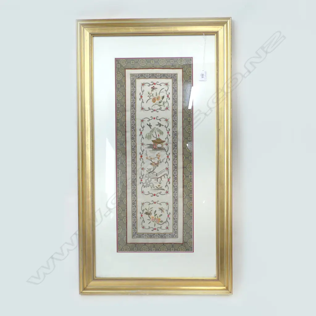 FRAMED CHINESE EMBROIDERED SILK PANEL 630x245mm Image 1++