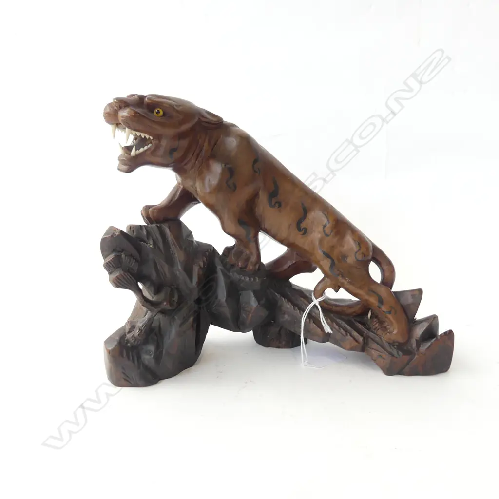 OLD CHINESE HAND CARVED WOODEN TIGER STATUE WITH GLASS EYES, L.250MM Image 1++