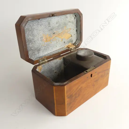 WOODEN SHERATON TEACADDY w DIAMOND SHAPED INLAY & INNER TIN CADDY c1790