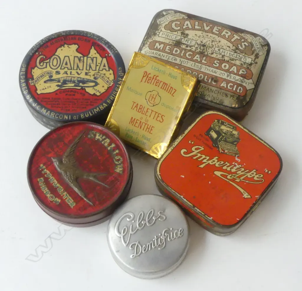 SIX OLD ADVERTISING TINS – SWALLOW TYPEWRITER, MILITARY ETC Image 1++