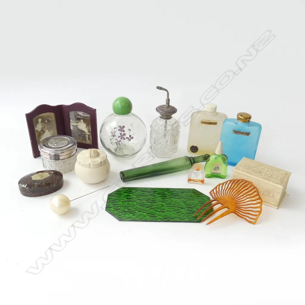 TRAY OF VANITY ITEMS INCL. PERFUME BOTTLES, TRINKET BOX, COMB, LEATHER FRAME ETC Image 1++