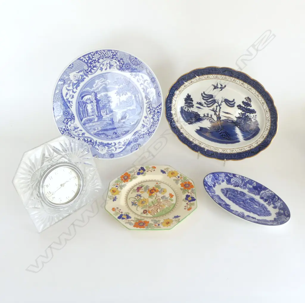 ENFIELD CRYSTAL CLOCK H.180mm + 4 PLATES INCL. MASONS, REAL OLD WILLOW & SPODE ITALIAN CAKE PLATE 285mm dia Image 1++