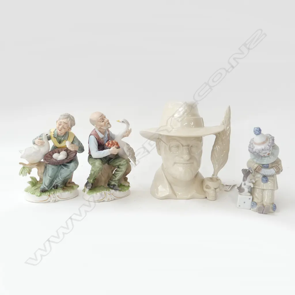 4 FIGURINES; LLADRO CLOWN, GRAYSHOTT POTTERY TERRY PRATCHETT CHARACTER JUG, 2 w. GEESE Image 1++
