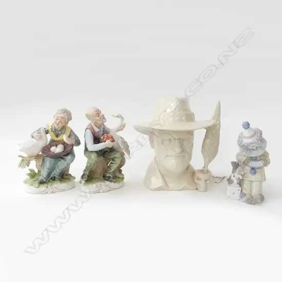 4 FIGURINES; LLADRO CLOWN, GRAYSHOTT POTTERY TERRY PRATCHETT CHARACTER JUG, 2 w. GEESE