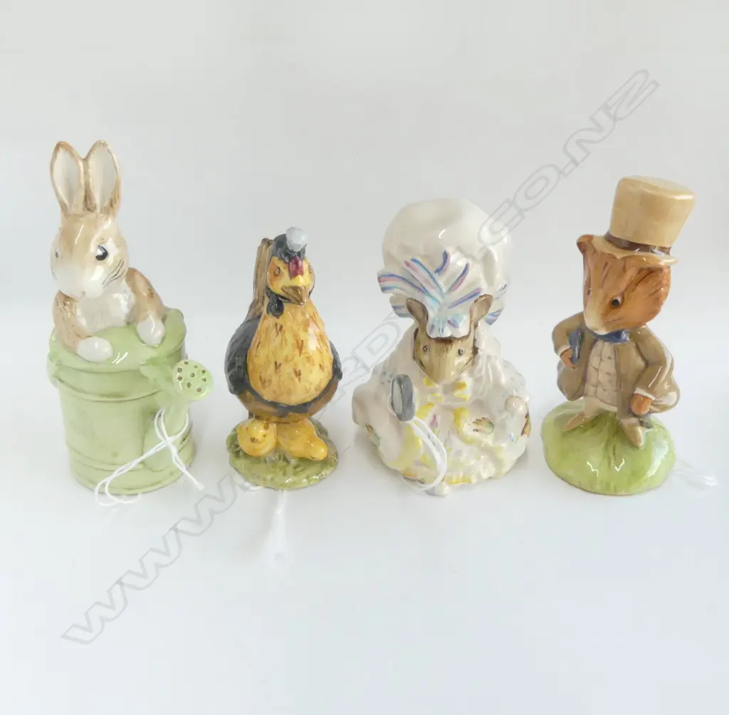 4 BESWICK BEATRIX POTTER FIGS; LADY MOUSE 1951, PETER IN WATERING CAN, AMIABLE GUINEA-PIG & SALLY HENNY PENNY (repair) Image 1++