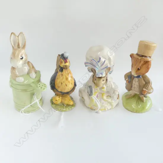 4 BESWICK BEATRIX POTTER FIGS; LADY MOUSE 1951, PETER IN WATERING CAN, AMIABLE GUINEA-PIG & SALLY HENNY PENNY (repair)