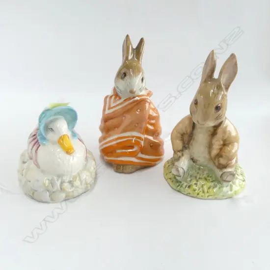 3 R.ALBERT BEATRIX POTTER FIGURES; POORLY PETER RABBIT, BENJAMIN BUNNY & JEMIMA PUDDLEDUCK (REPAIR TO BONNET)