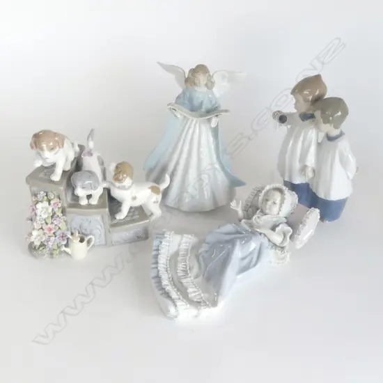LLADRO BABY #5618 (LACE AF) & ANGEL H.175mm, NAO CHOIR BOYS (BELL AF), COSMOS GILFS LLADRO-STYLE PUPPIES ON STEP