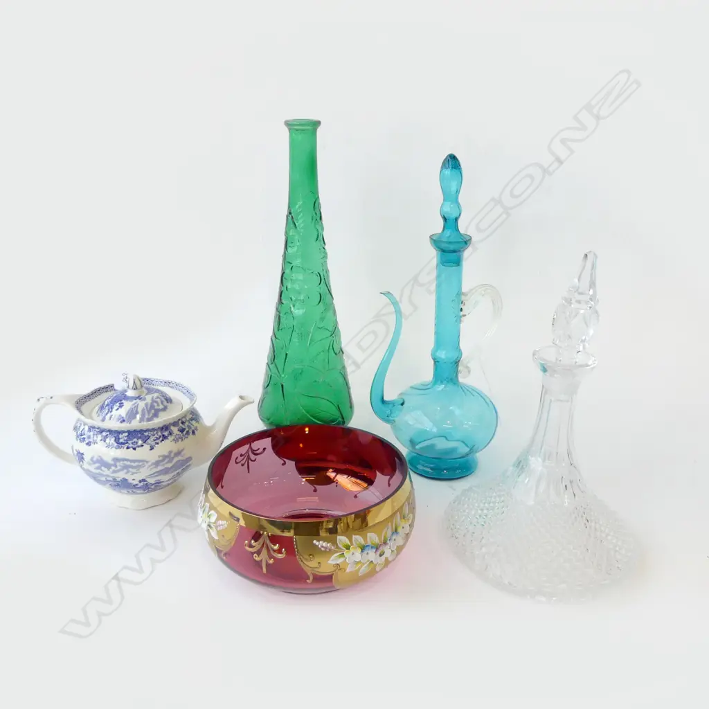 5 ASST. PCES (4 GLASS); VENETIAN BOWL 200mm dia, GREEN VASE H.390mm, BLUE JUG, DECANTER, B/W TEAPOT Image 1++