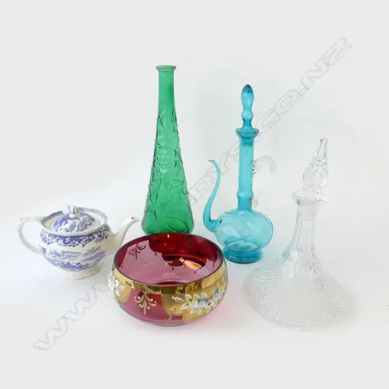 5 ASST. PCES (4 GLASS); VENETIAN BOWL 200mm dia, GREEN VASE H.390mm, BLUE JUG, DECANTER, B/W TEAPOT