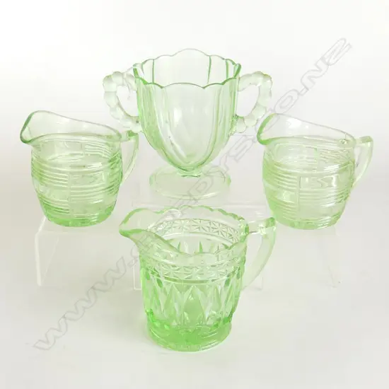 4 PC GREEN DEPRESSION GLASS 3 JUGS & 1 OTHER