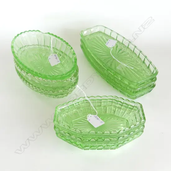 9 ART DECO GREEN DEPRESSION GLASS AFTERNOON TEA DISHES