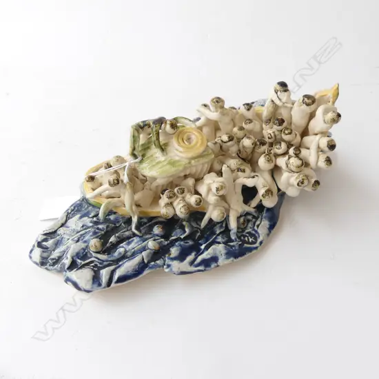 NZ STUDIO POTTERY SCUPTURE REFUGEE BOAT BY HAZEL KERR L230 W170MM