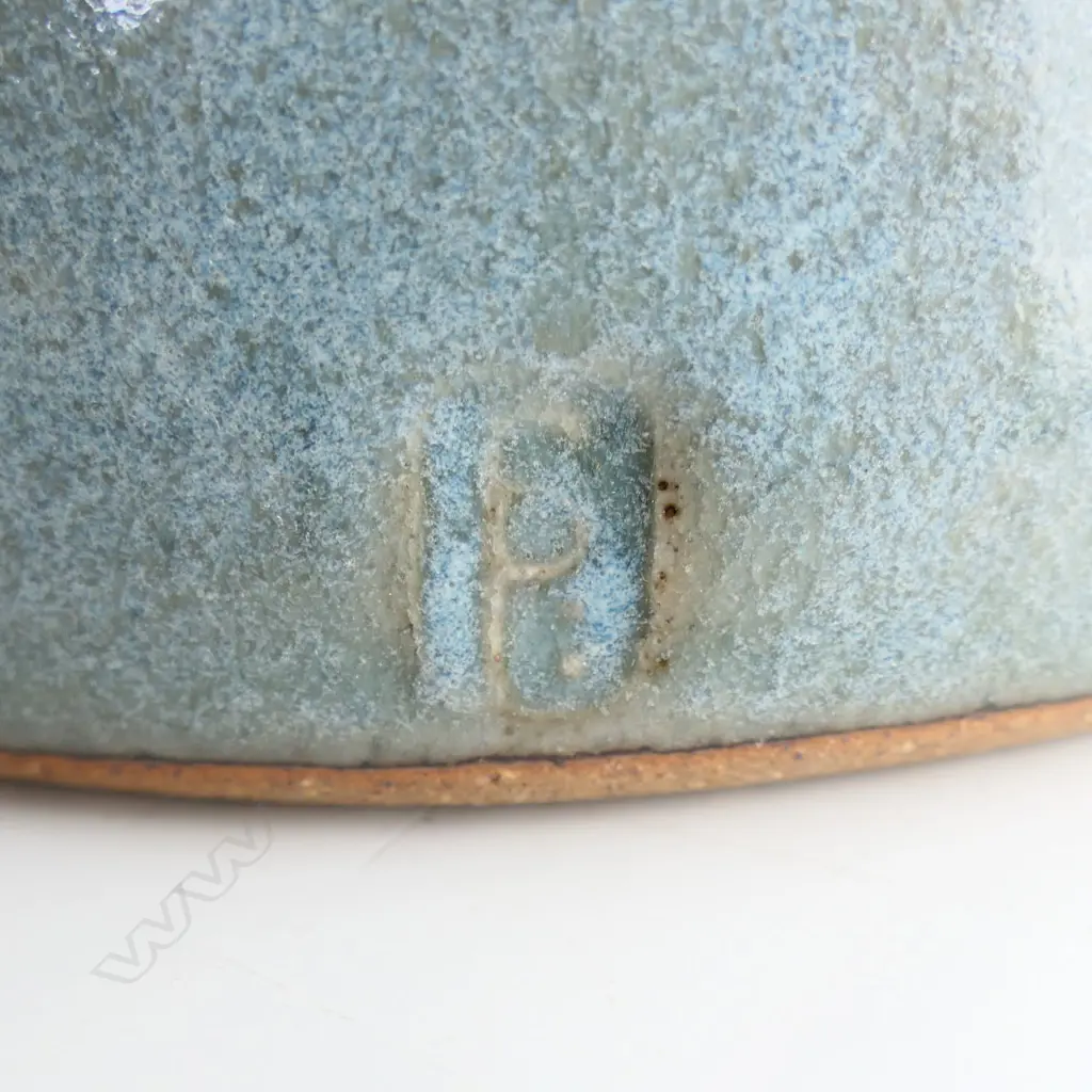 LG PETER STICHBURY TEAPOT PALE BLUE w CANE HANDLE 1997 potters mark to base Image 1++