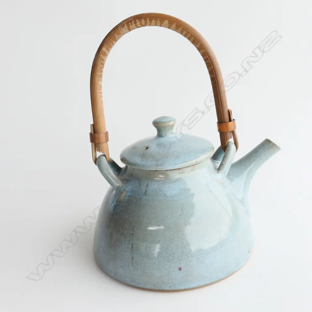 LG PETER STICHBURY TEAPOT PALE BLUE w CANE HANDLE 1997 potters mark to base Image 1++