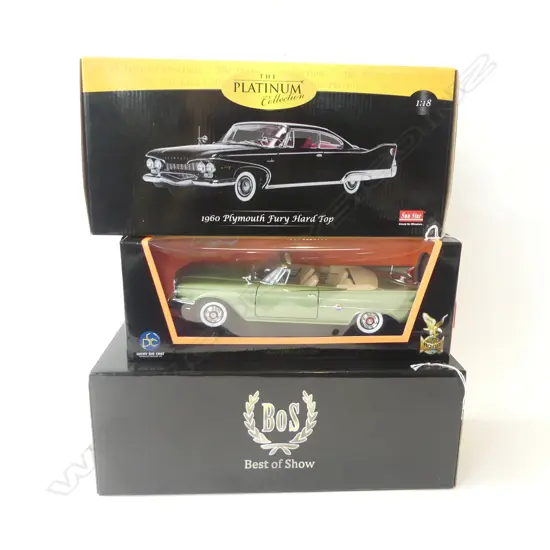 3 MINT & BOXED DIE CAST MODEL CARS DODGE CORONET CLUB COUPE L400 1960 CHRYSLER 300F L360MM &1960 PLYMOUTH FURY HARD TOP 